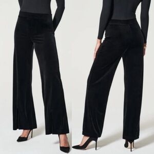 Spanx Velvet Front Slit Pants Women’s Wide Leg Elegant Very Black Sz L